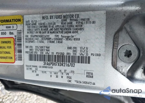 2013 Ford Fusion Se z USA, uszkodzony, nr VIN 3FA6P0H7XDR216702